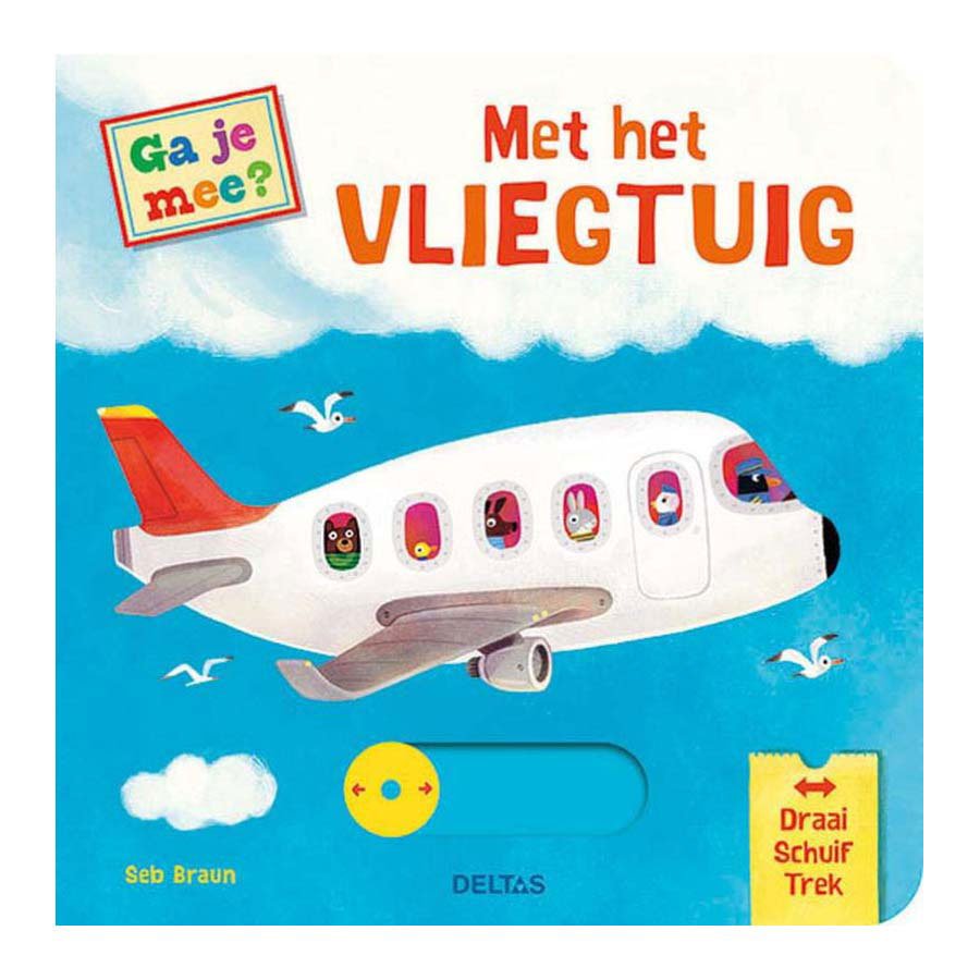 Cover kinderboek 'Met het Vliegtuig' met vrolijke dieren in vliegtuigraampjes Ga je mee? Met het vliegtuig Kartonboek