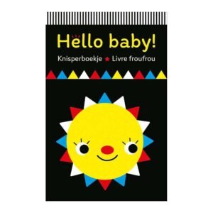 Voorkant Hello Baby knisperboekje met vrolijke gele zon op zwarte achtergrond Hello baby! Knisperboekje