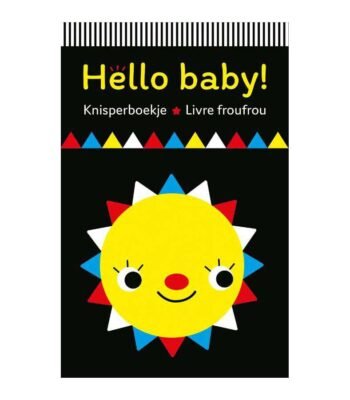 Voorkant Hello Baby knisperboekje met vrolijke gele zon op zwarte achtergrond Hello baby! Knisperboekje