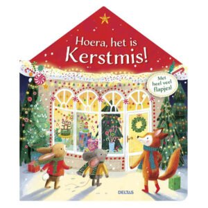 Omslag van het kinderboek "Hoera, het is Kerstmis!" met dieren in een winters kerstdecor Hoera, het is Kerstmis! Kartonboek