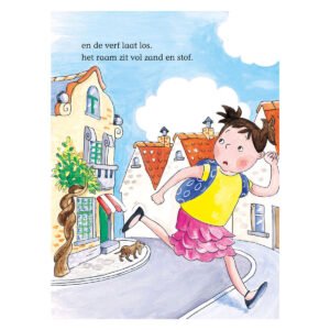 Illustratie meisje rent door straat met huisjes in kinderboek