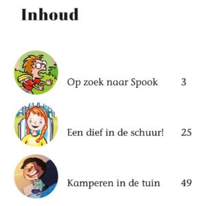Inhoudsopgave van kinderboek met verhalen over Spook, een dief en kamperen.