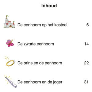 Inhoudsopgave van Mijn eerste Eenhoorn leesboek met hoofdstukken en paginanummers