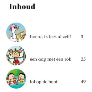 Inhoudspagina van Leesfeest met drie verhalen: hoera, ik lees al zelf; een aap met een rok; lol op de boot.