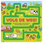 Interactief kinderboek met doolhof en boerderijdieren op de cover Kartonboek Volg de weg!