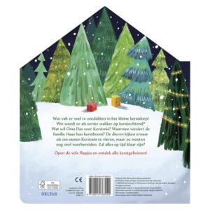 Illustratie van kerstbomen met sneeuw en cadeautjes op de achterkant van het kinderboek "Hoera, het is Kerstmis!"
