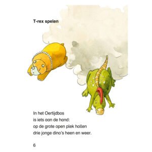Binnenpagina kinderboek met spelende jonge dinosaurussen in het Oertijdbos