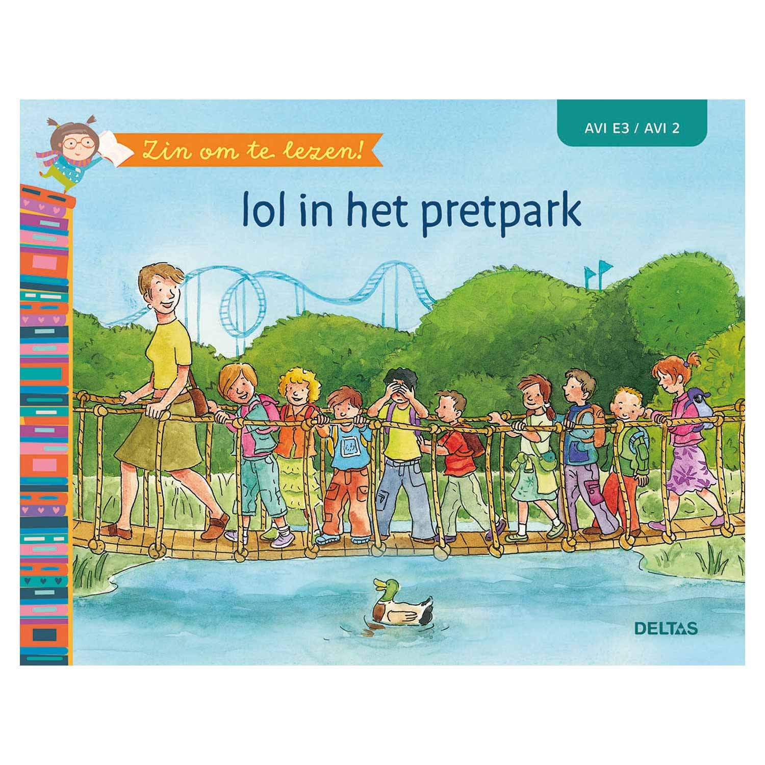 deltas-kinderboek-lol-in-het-pretpark-schoolklas-hangbrug-avi-e3 Kinderboek cover Lol in het pretpark met schoolklas op hangbrug en achtbaan op de achtergrond Zin om te lezen! - lol in het pretpark