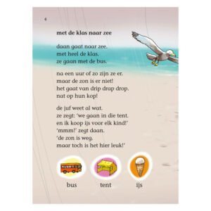 Leesboek pagina met verhaal met de klas naar zee en illustratie van meeuw