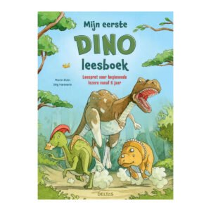 Boekomslag Mijn eerste dino leesboek met T-rex en jonge dinosaurussen in bos Mijn Eerste Dino Leesboek