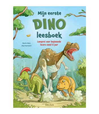 Boekomslag Mijn eerste dino leesboek met T-rex en jonge dinosaurussen in bos Mijn Eerste Dino Leesboek