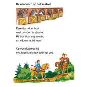 Illustratie van ridder te paard in het bos uit De eenhoorn op het kasteel