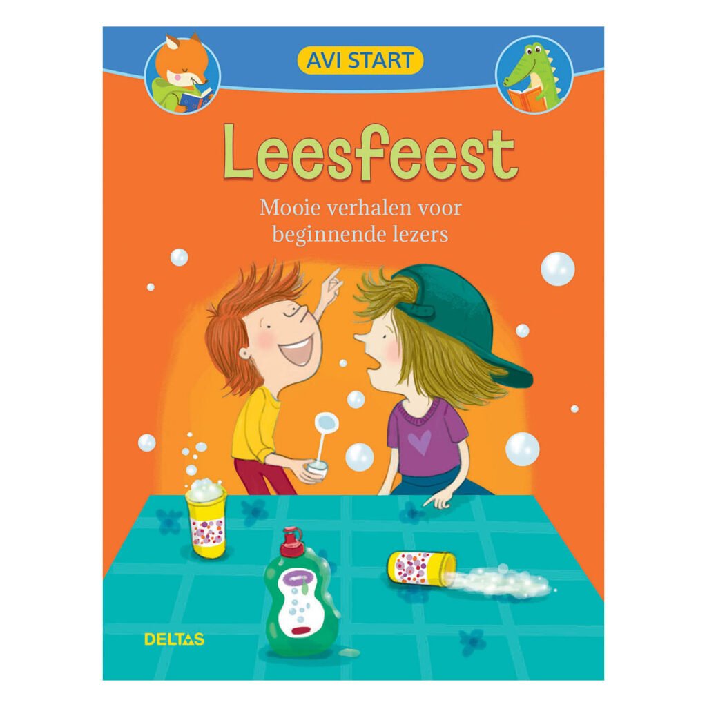 Omslag van het AVI Start boek Leesfeest met spelende kinderen en zeepbellen. Leesfeest Mooie Verhalen voor Lezers AVI Start