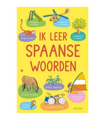 Voorkant van educatief kinderboek 'Ik leer Spaanse woorden' met vrolijke tekeningen. Ik leer Spaanse woorden