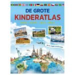 Voorkant van De Grote Kinderatlas met wereldkaart, monumenten en panda, gericht op landen en natuur De grote kinderatlas