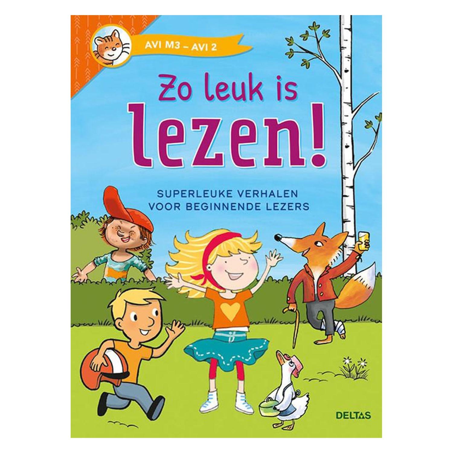 deltas-voorkant-kinderboek-lezen-beginnende-lezers Voorkant van kleurrijk kinderboek met spelende kinderen en dieren over leren lezen Zo leuk is lezen! Superleuke verhalen (AVI-M3)