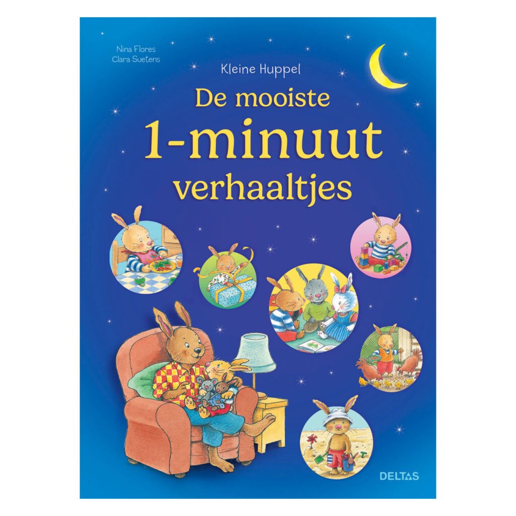 Kleurrijke voorkant van het boek 'Kleine Huppel - De mooiste 1-minuut verhaaltjes' met illustraties van Huppel in verschillende situaties. Kleine Huppel De Mooiste 1-Minuutverhaaltjes