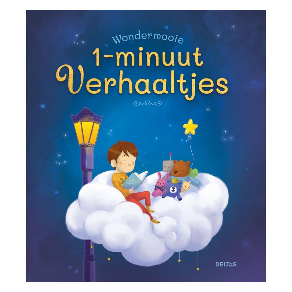 Omslag van het kinderboek Wondermooie 1-minuutverhaaltjes met kind lezend op een wolk tussen knuffels Wondermooie 1-Minuutverhaaltjes