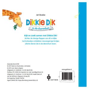 Achterkant van het kinderboek Dikkie Dik in de dierentuin met giraf illustratie