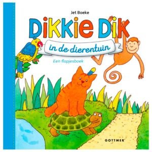 Cover van Dikkie Dik in de dierentuin flapjesboek met kat, aap, papegaai en schildpad