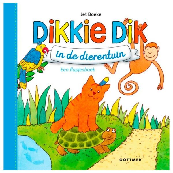 Cover van Dikkie Dik in de dierentuin flapjesboek met kat, aap, papegaai en schildpad