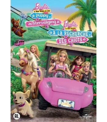 DVD cover van animatiefilm Barbie en haar Zusjes in een puppy achtervolging met barbie in roze auto