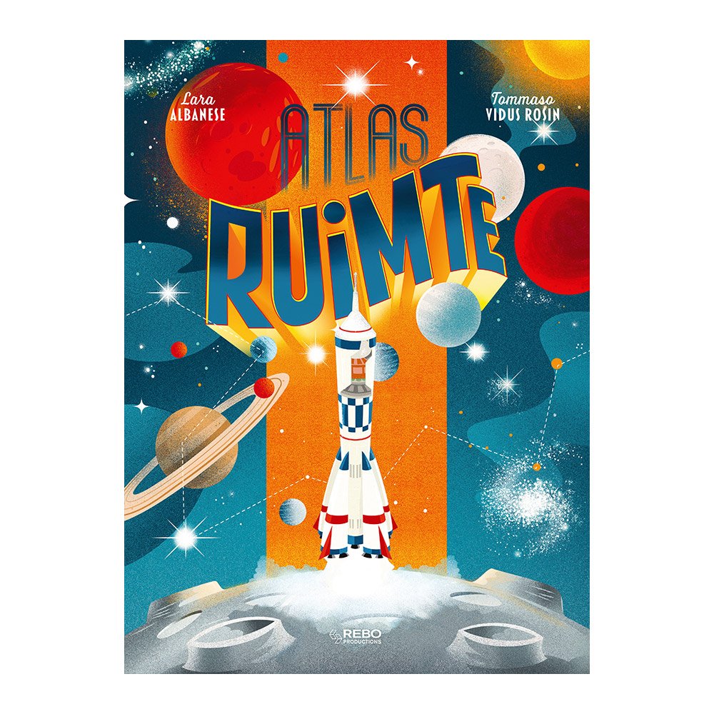 Boekcover met planeten en raket van educatief kinderboek Ruimte Atlas