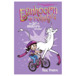 Boekomslag voorzijde van Eenhoorn op Rolletjes - Een Evi en Eenhoorn Avontuur met meisje Evi op fiets naast rolschaatsende eenhoorn