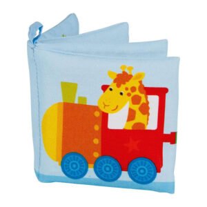 Zacht babyboekje met giraffe in rode trein voor peuters Goki Knisperboekje Dieren in de Trein