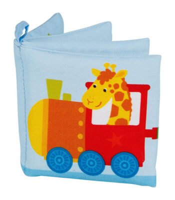 Zacht babyboekje met giraffe in rode trein voor peuters Goki Knisperboekje Dieren in de Trein