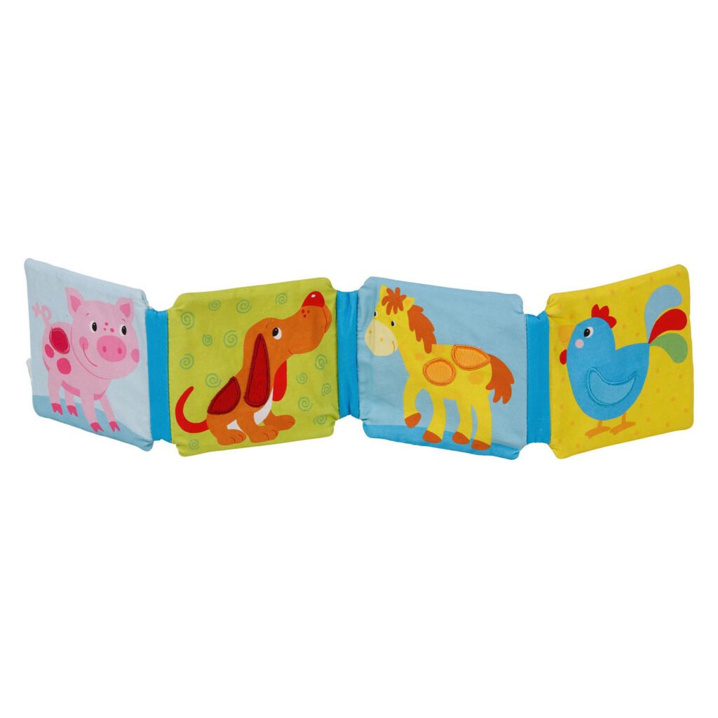 Zachte stoffen babyboek met kleurrijke boerderijdieren zoals varken, hond, paard en kip Goki Knisperboek Dieren