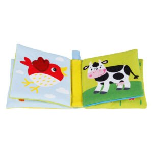Zacht stoffen babyboekje met kip en koe illustraties in felle kleuren