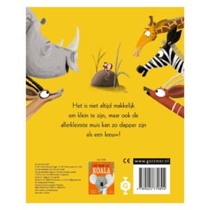 Achterkant van kinderboek met illustraties van Afrikaanse dieren die naar een muis kijken op een steen
