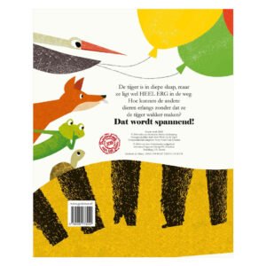 Achterkant van het kinderboek "Ssst! De tijger slaapt" met illustraties van dieren en gekleurde ballonnen