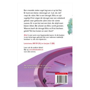 Achterkant van Blitz De bol met de klok kinderboek met samenvatting en klokillustratie