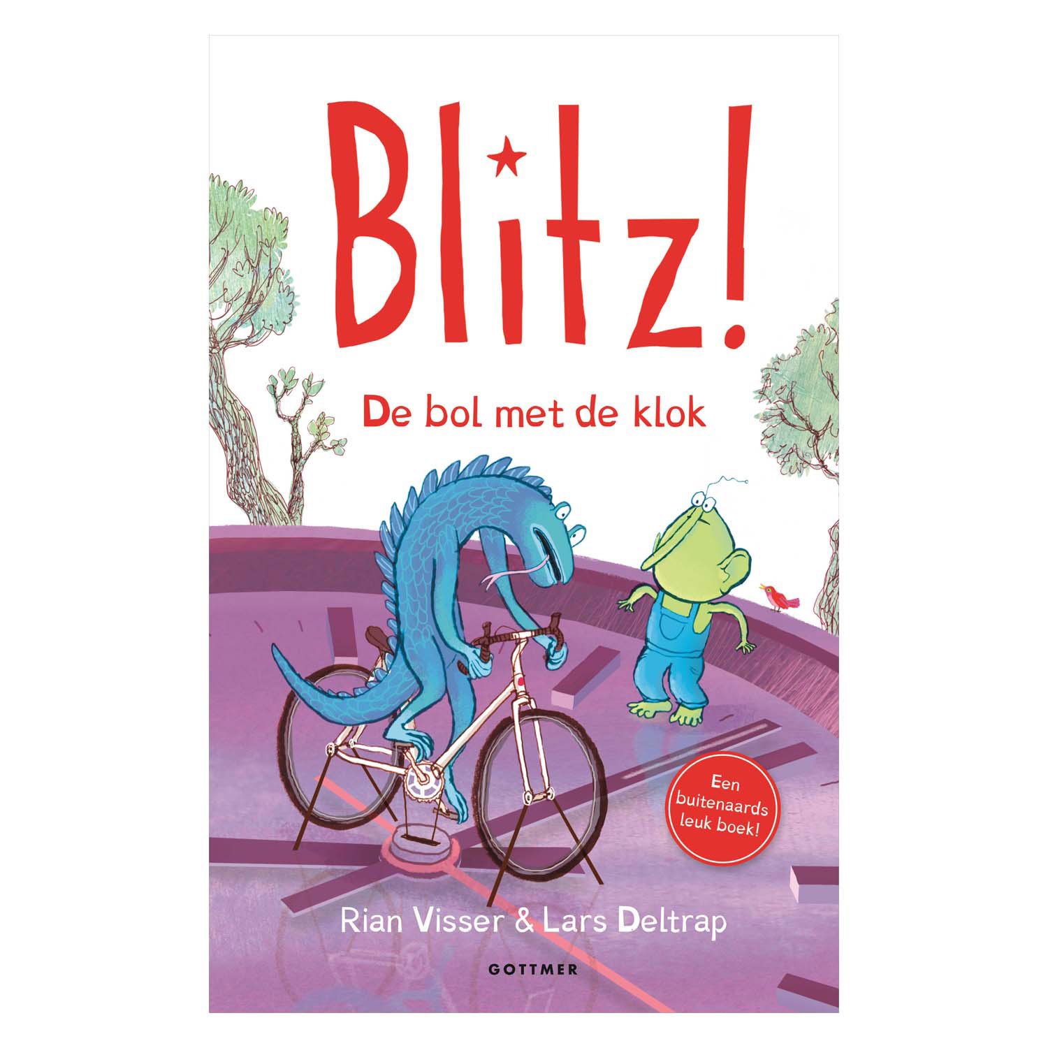 gottmer-uitgevers-groep-blitz-de-bol-met-de-klok-boekcover-draak-fiets Boekcover Blitz! 8 - De bol met de klok met blauwe draak op fiets en groen figuurtje
