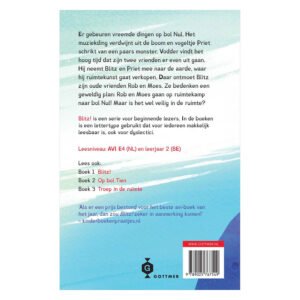 Achterkant van het kinderboek Blitz De jacht op het monster met boekbeschrijving en uitgever Gottmer