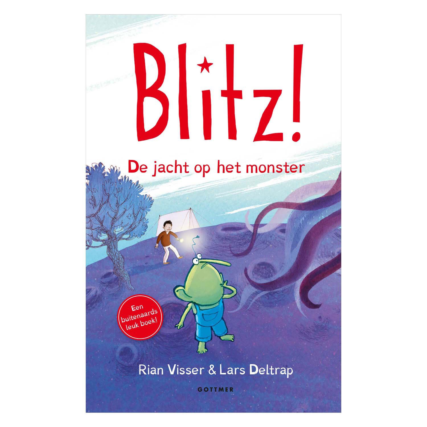 gottmer-uitgevers-groep-blitz-de-jacht-op-het-monster-voorkant-kinderboek-alien-ruimte Blitz! 4 - De jacht op het monster kinderboek met groene alien op paarse planeet