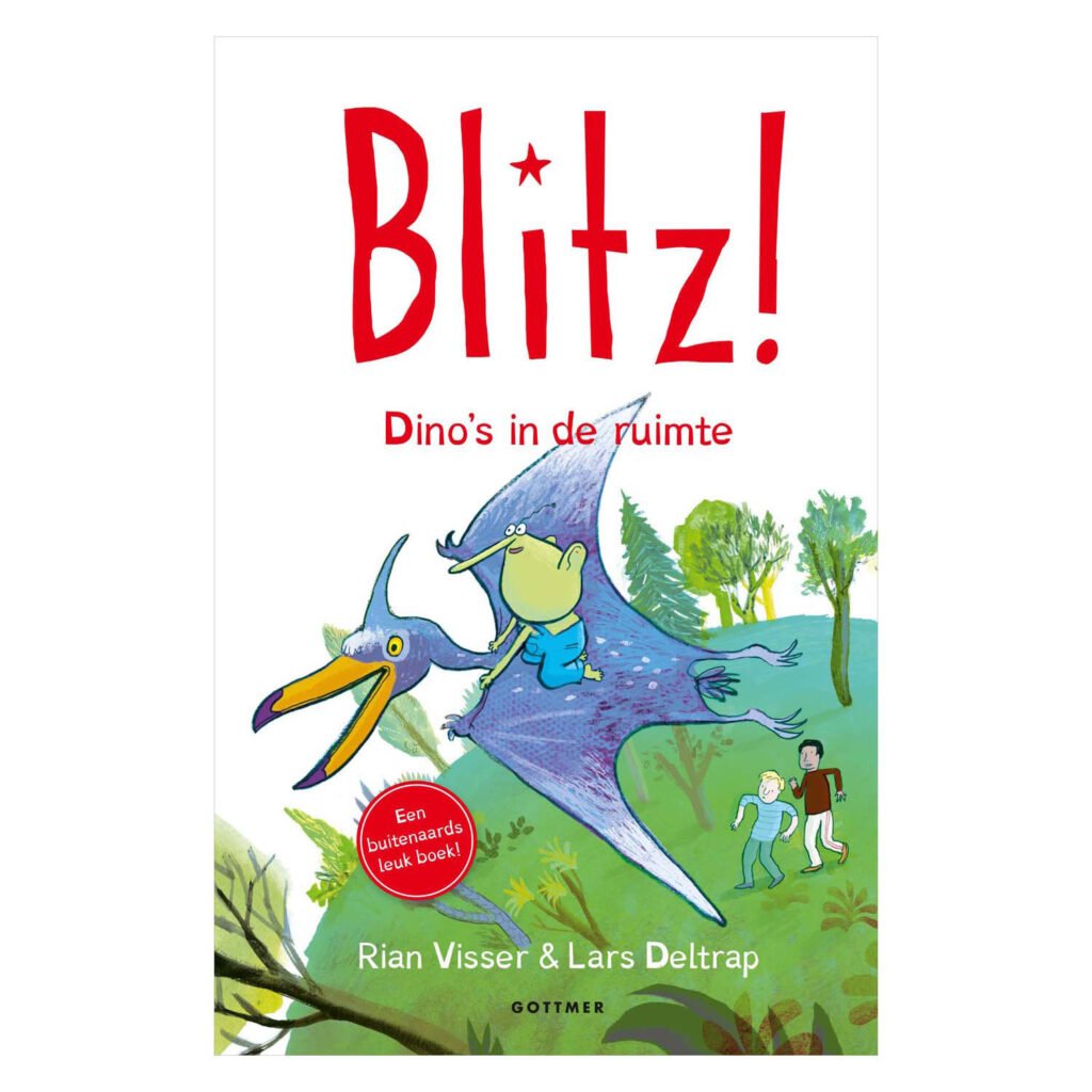 Boekcover Blitz! Dino’s in de ruimte met vliegende dinosaurus en jongen in kleurrijke illustratie Blitz 5 - Dino's In De Ruimte