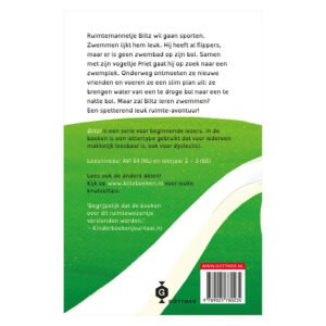 Achterkant van het kinderboek Blitz! Zwemmen in de ruimte met beschrijving van het ruimte-avontuur