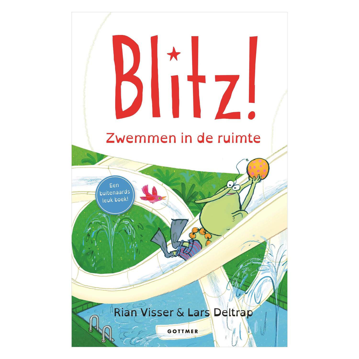 gottmer-uitgevers-groep-blitz-zwemmen-in-de-ruimte-voorkant-kinderboek Voorkant kinderboek Blitz! 9 - Zwemmen in de ruimte met ruimtemannetje op waterglijbaan