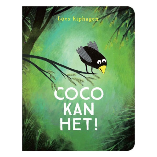 Voorkant van het prentenboek 'Coco kan het!' met illustratie van een jonge vogel op een tak. Kartonboekje Coco kan het!