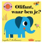 Cover van kartonboek Olifant, waar ben je? met blauwe olifant op gele achtergrond olifant waar ben je flapjesboek