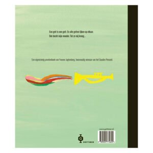 Achterkant van het kinderboek Ik ben Pippi niet van Yvonne Jagtenberg met illustratie van trompet op groene achtergrond