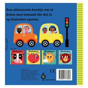 Achterkant van het kinderboek Kiekeboe Auto met illustratie van twee auto’s en verkeerslicht