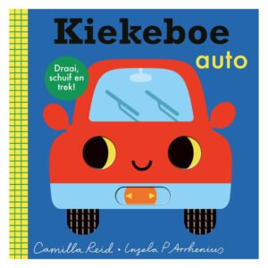 Voorkant van het peuterboek Kiekeboe Auto met vrolijke rode auto illustratie Kiekeboe Auto
