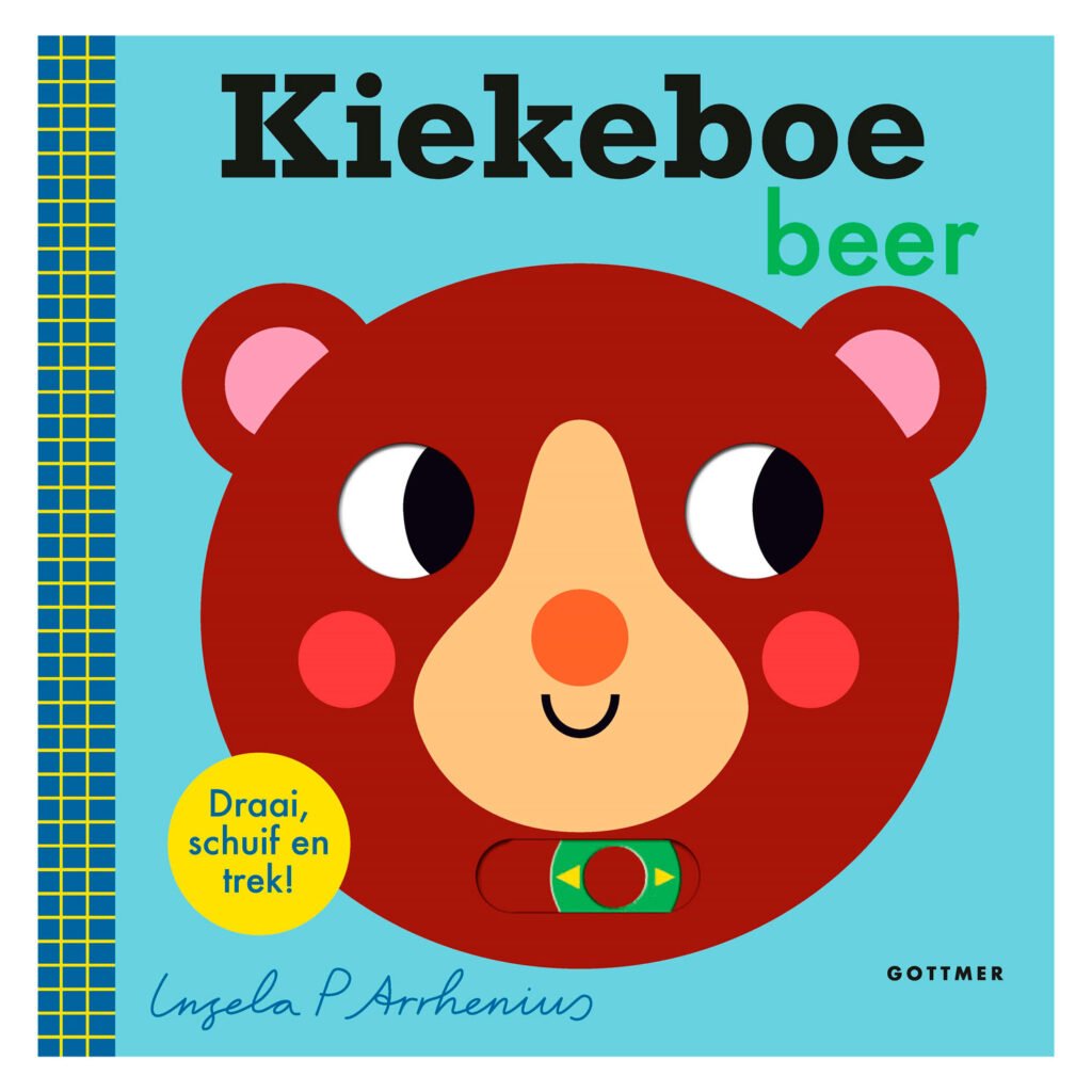 Kinderboek Kiekeboe beer met kleurrijke illustratie van een rode beer op blauwe achtergrond Kiekeboe Beer
