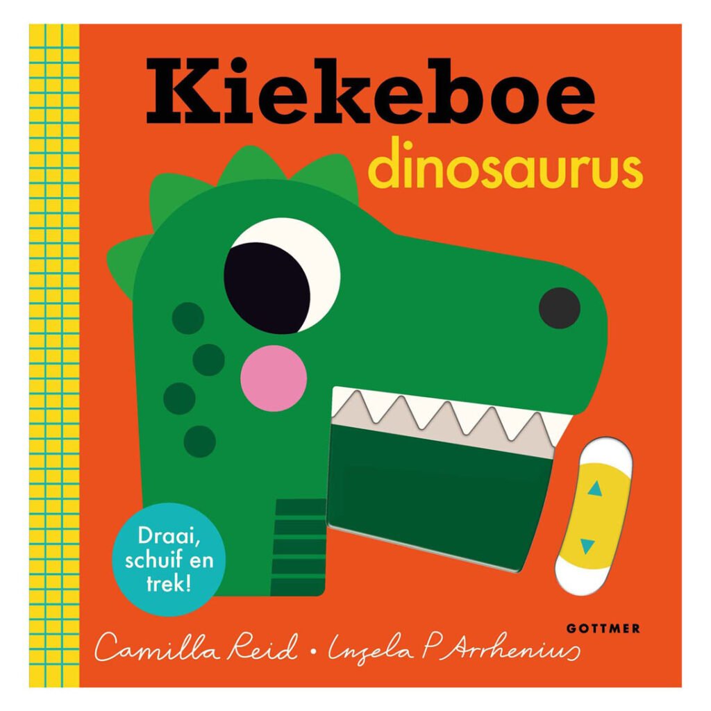 Voorkant van het interactieve kinderboek Kiekeboe dinosaurus met groene dinosaurus en schuifelement Kiekeboe Dinosaurus