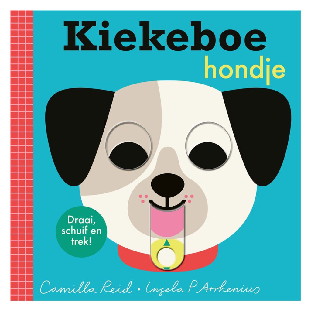 Voorkant van het kinderboek Kiekeboe Hondje met grote hondenillustratie en interactieve schuif Kiekeboe Hondje