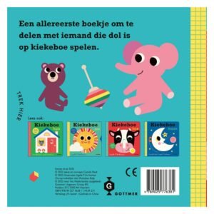 Achterkant Kiekeboe kindje boek met illustraties van beer, olifant en draaispeelgoed